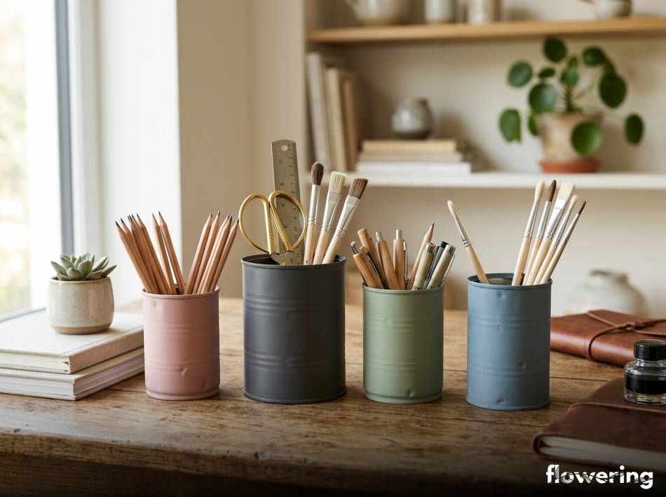 Organizery na biurko z pomalowanych puszek po kawie