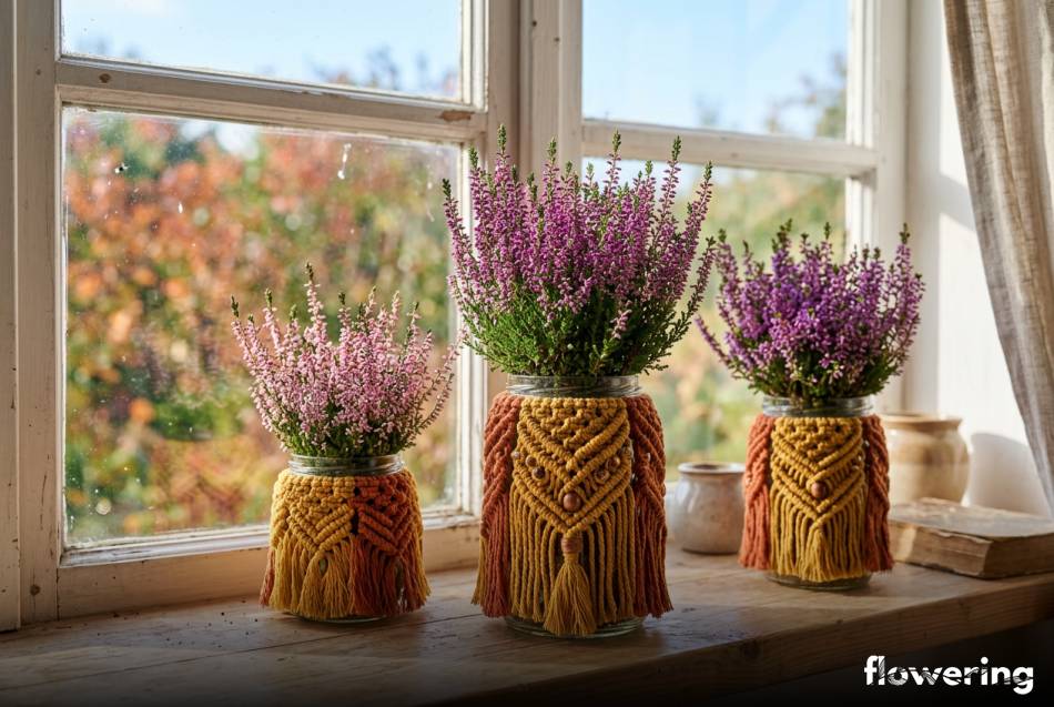 Słoiki w makramowych osłonkach z jesiennymi wrzosami na parapecie