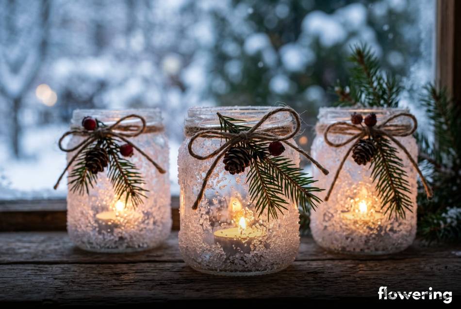 Oszronione lampiony ze słoików i soli na parapecie