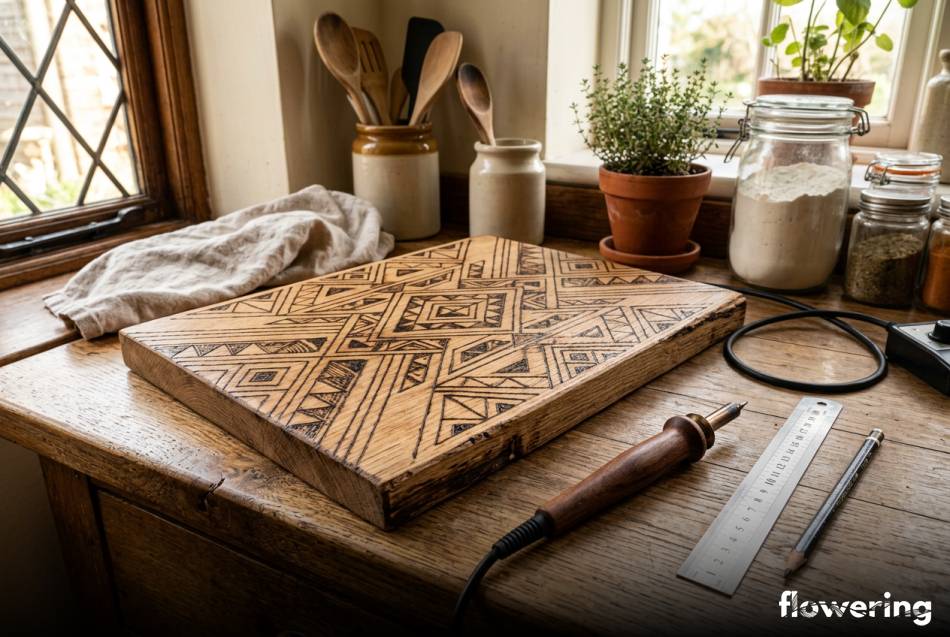 Drewniana deska do krojenia z wypalonym wzorem geometrycznym