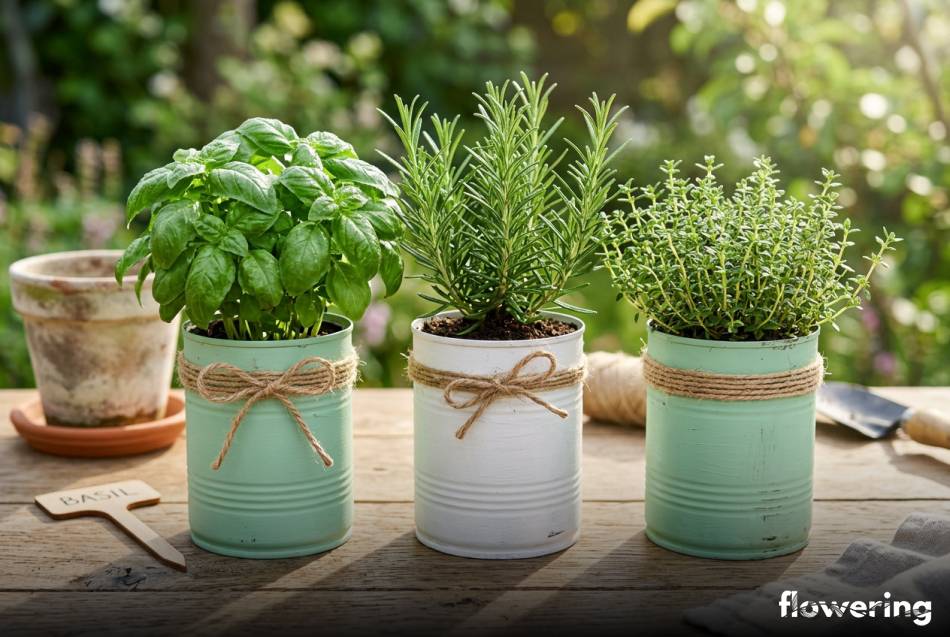 Pomalowane metalowe puszki jako doniczki ze świeżymi ziołami