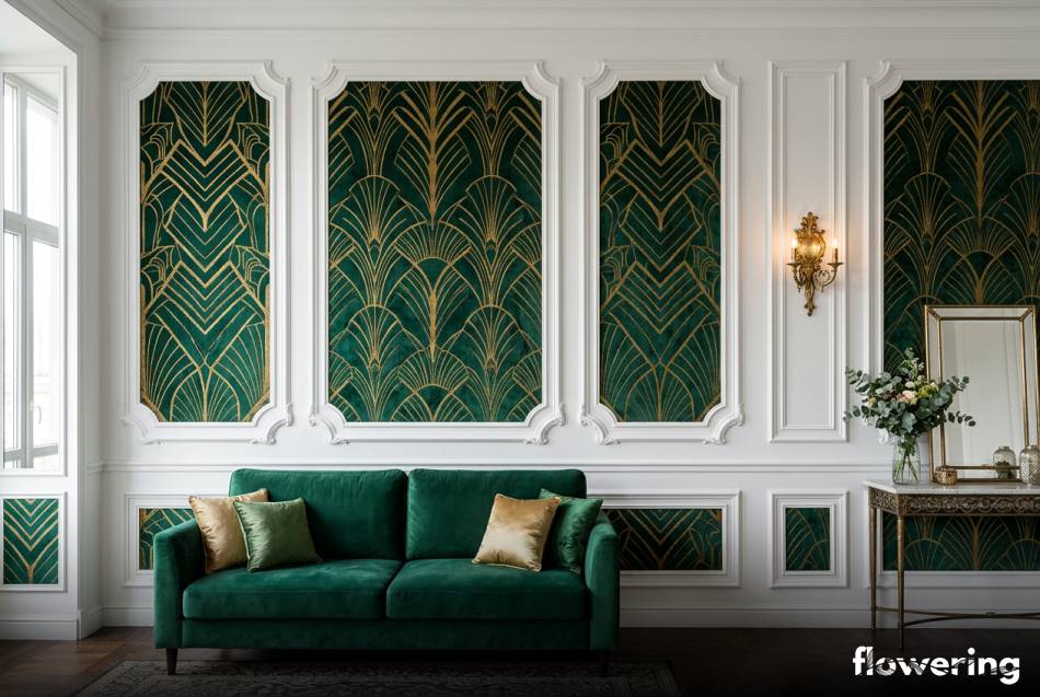 Ramki ze sztukaterii z welurową tapetą art deco