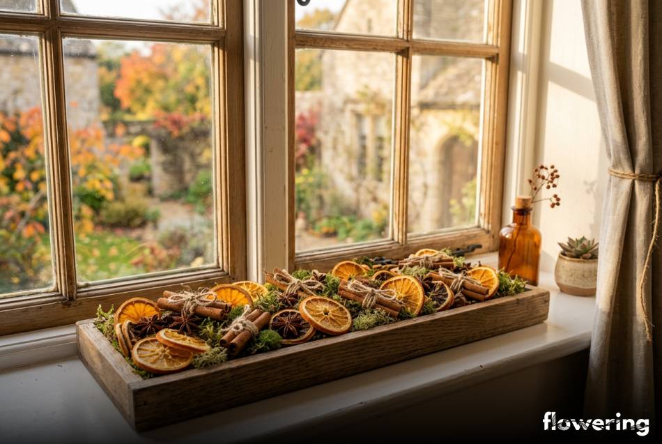 Jesienna taca z suszonymi pomaranczami i cynamonem na parapecie