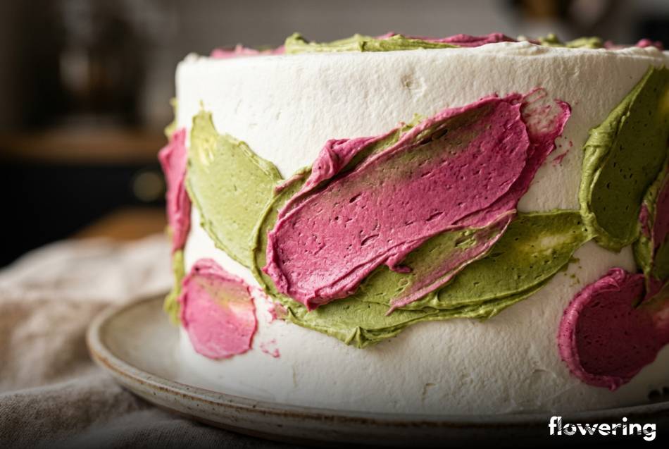 Artystyczna dekoracja tortu szpatułą z różowym i zielonym kremem