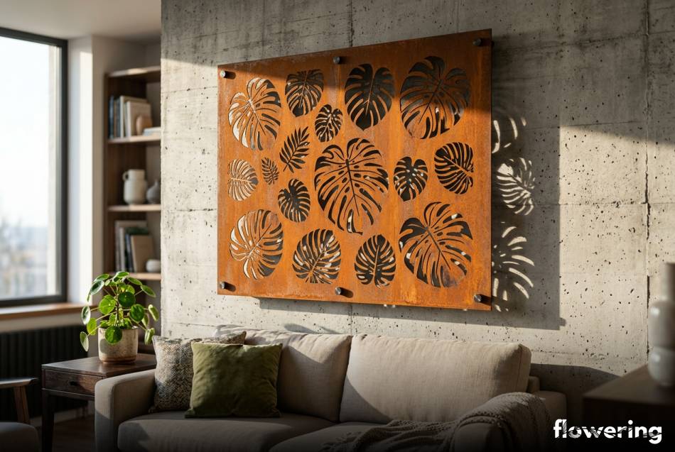 Rdzawy panel ze stali corten z wyciętą monsterą