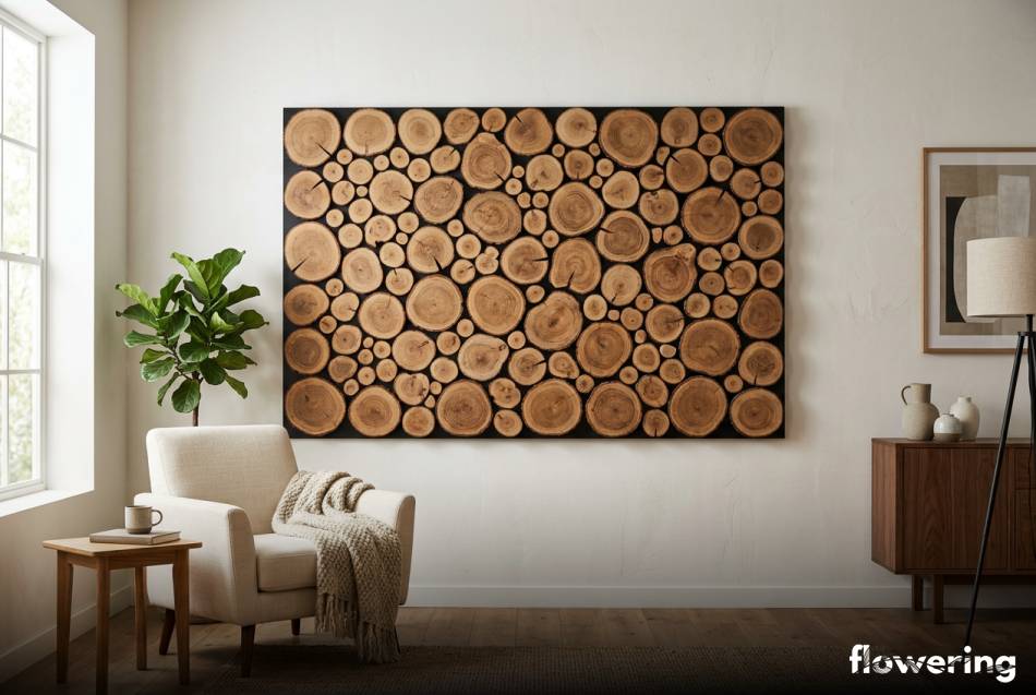 Rustykalny panel ścienny z plastrów dębowych w salonie