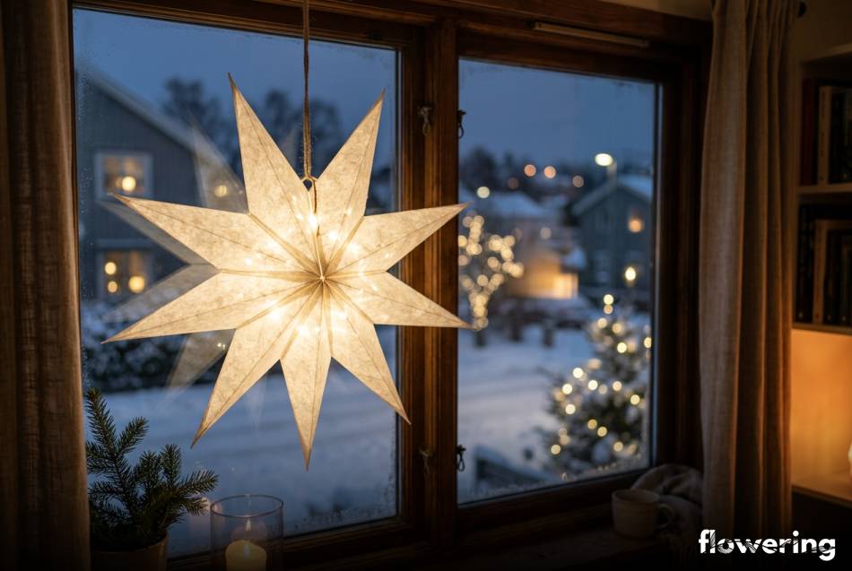 Papierowe gwiazdy 3D z oświetleniem LED na oknie
