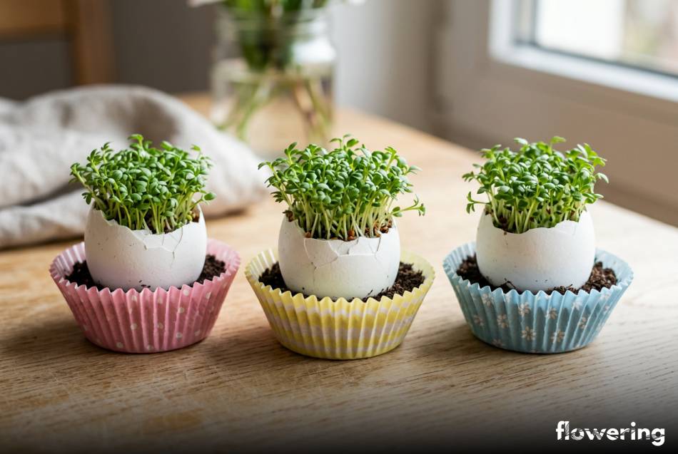 Kolorowe osłonki na jajka z rzeżuchą z foremek do muffinek