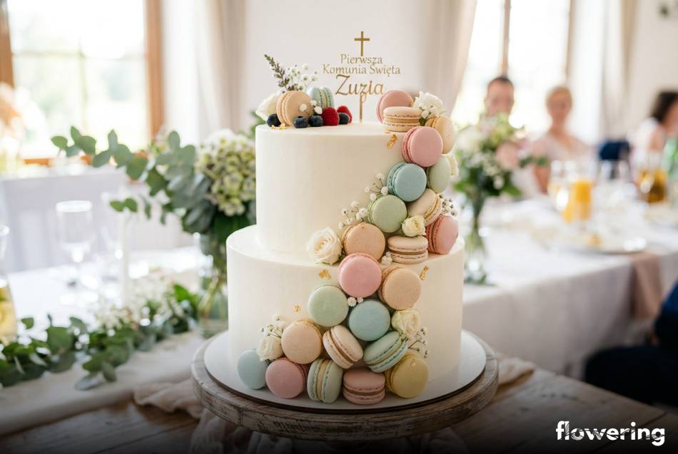 Pastelowe makaroniki ułożone w kaskadę na białym torcie