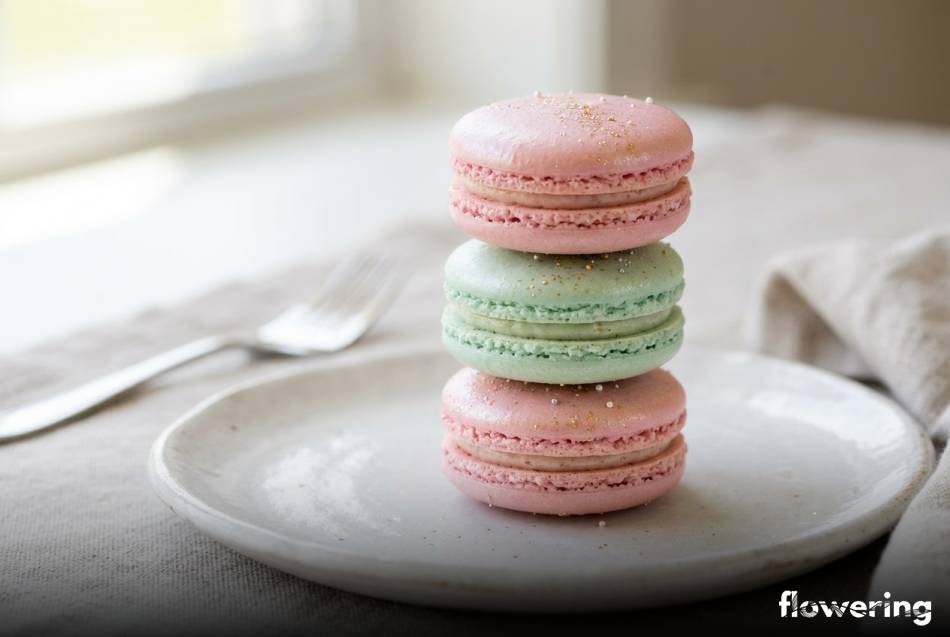 Pastelowe makaroniki francuskie zdobione perłowym pyłkiem i jadalnym brokatem