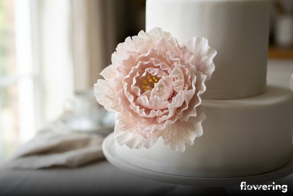 Realistyczna różowa peonia z papieru waflowego na białym torcie