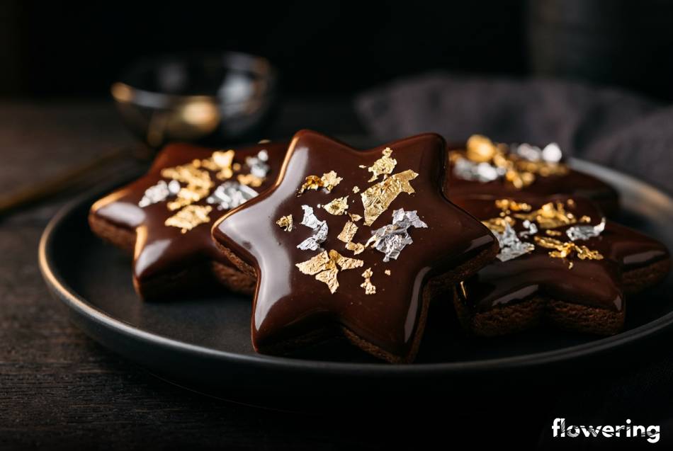 Eleganckie pierniki z ciemną czekoladą i jadalnymi płatkami złota