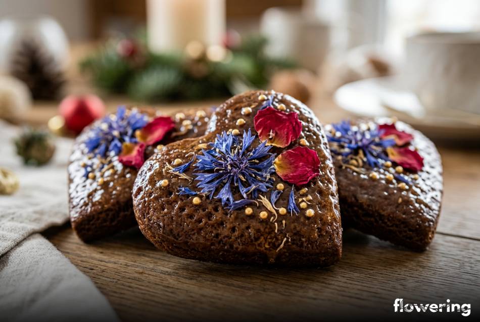 Pierniki z lśniącą glazurą miodową i suszonymi płatkami kwiatów