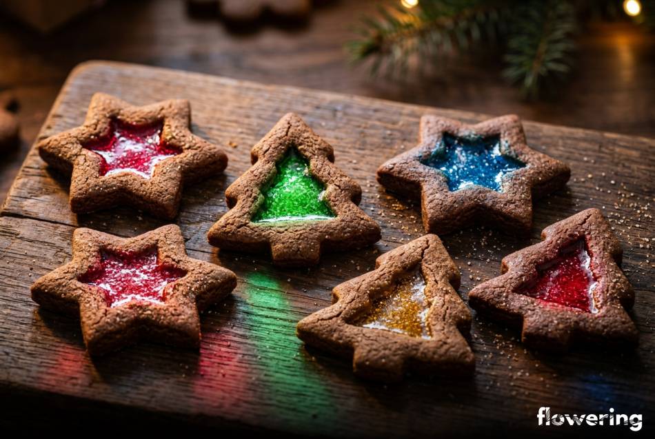 Kolorowe pierniki z witrażem ze stopionych landrynek na drewnie