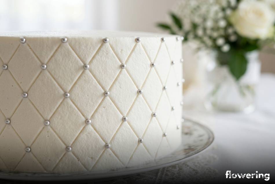 Biały tort z pikowaniem i srebrnymi jadalnymi dżetami