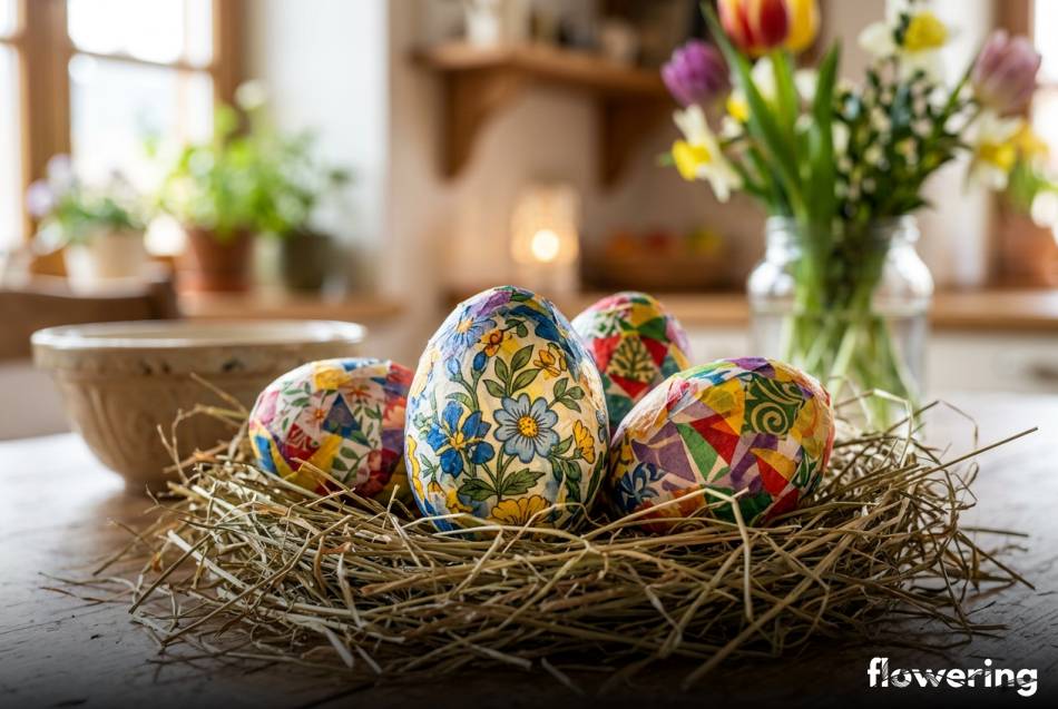 Kolorowe pisanki wielkanocne zdobione wzorzystą bibułą w technice decoupage