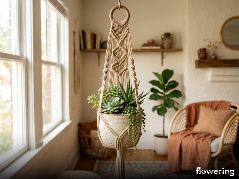 Makramowy kwietnik ze sznurka z doniczką pełną sukulentów