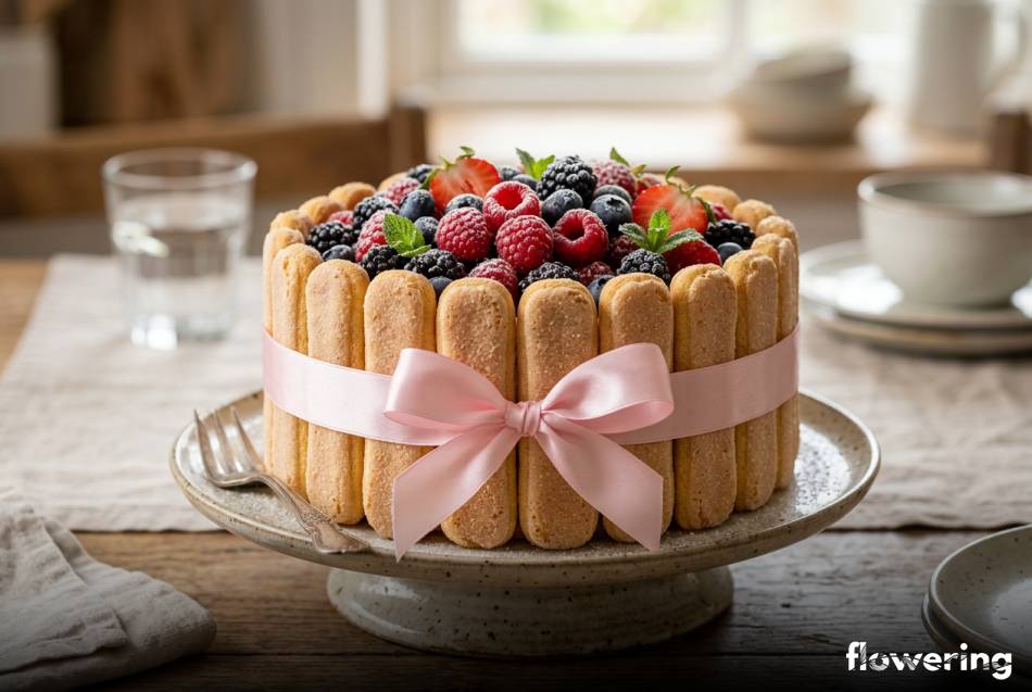 Tort ozdobiony biszkoptami ladyfingers i różową wstążką