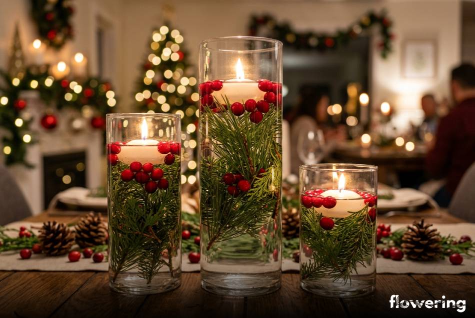 Pływające świece w wazonach z żurawiną i zielonym igliwiem