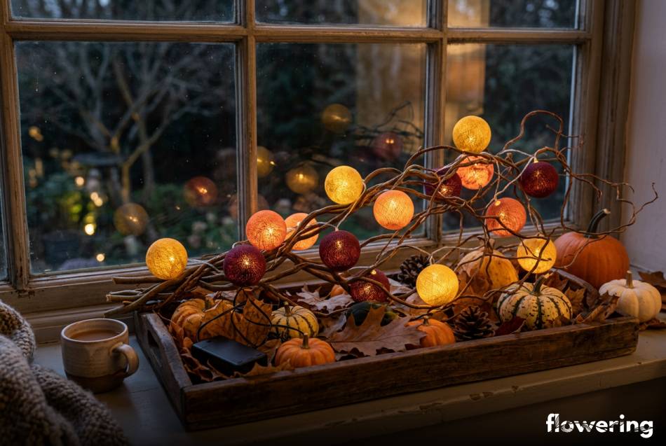 Jesienna kompozycja z gałęzi i lampek cotton balls