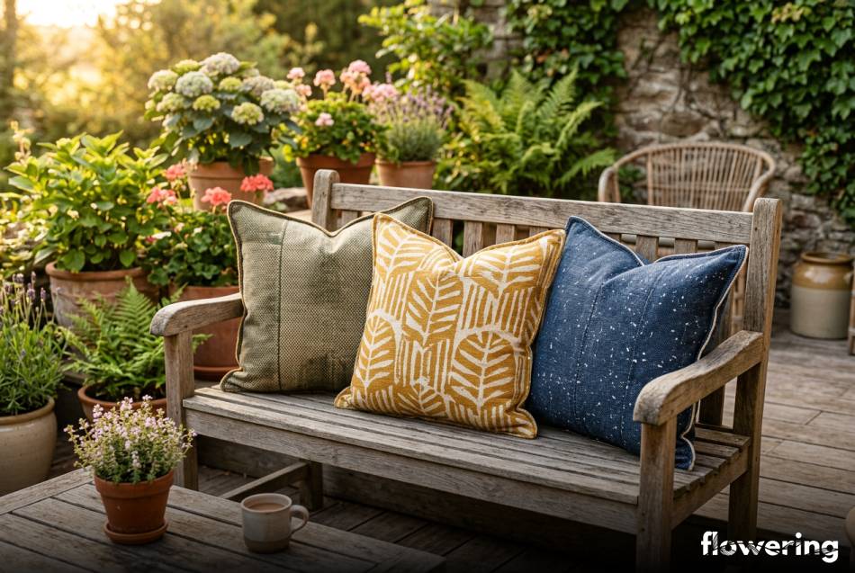 Wodoodporne poduszki z recyklingu na drewnianych meblach ogrodowych
