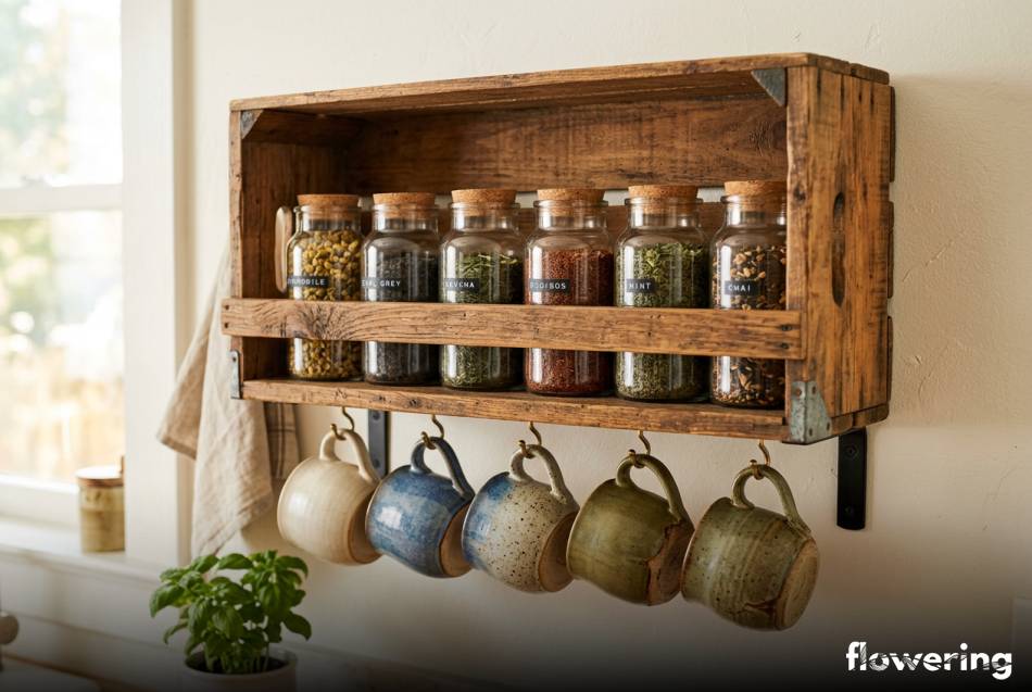 Półka ze skrzynki na kubki i sypką herbatę