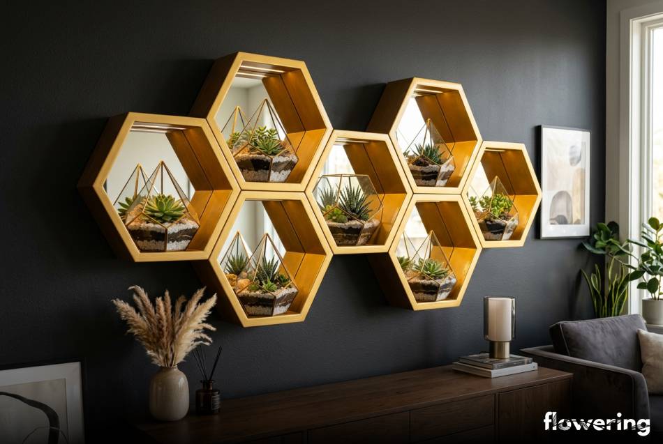 Złote półki heksagonalne z lustrem i sukulentami
