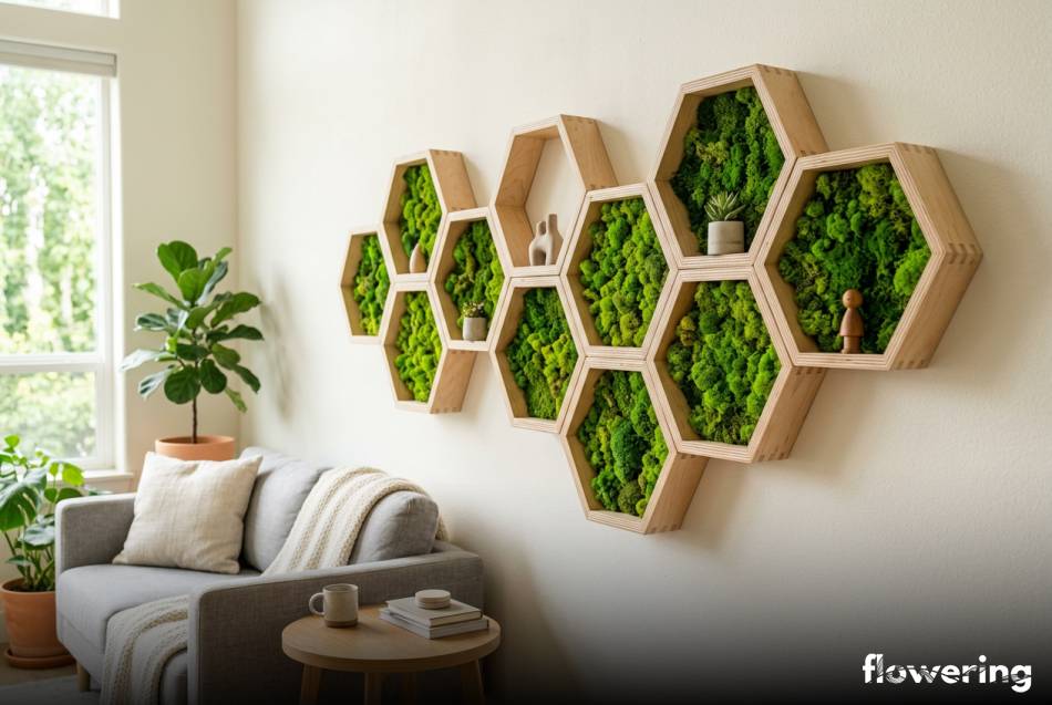 Drewniane półki heksagony wypełnione mchem na jasnej ścianie