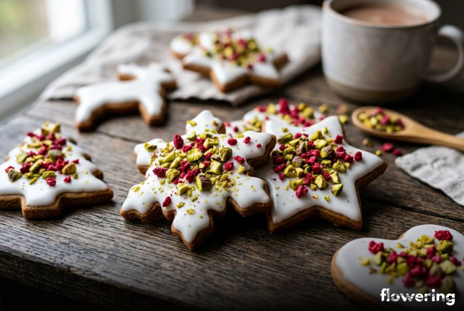 Pierniki udekorowane posypką z zielonych pistacji i czerwonych malin