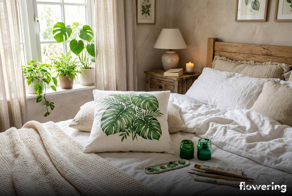 Biała poduszka z ręcznie namalowanym liściem monstery