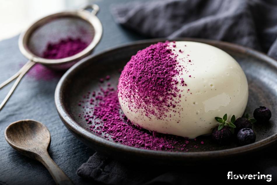Purpurowy puder z liofilizowanych owoców na białym musie