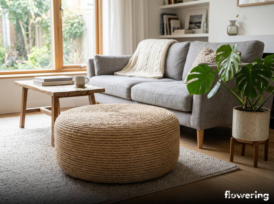 Pufa z opony i sznurka w nowoczesnym salonie