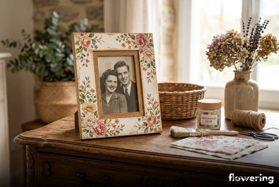 Ozdobna ramka decoupage z florystycznym motywem na komodzie