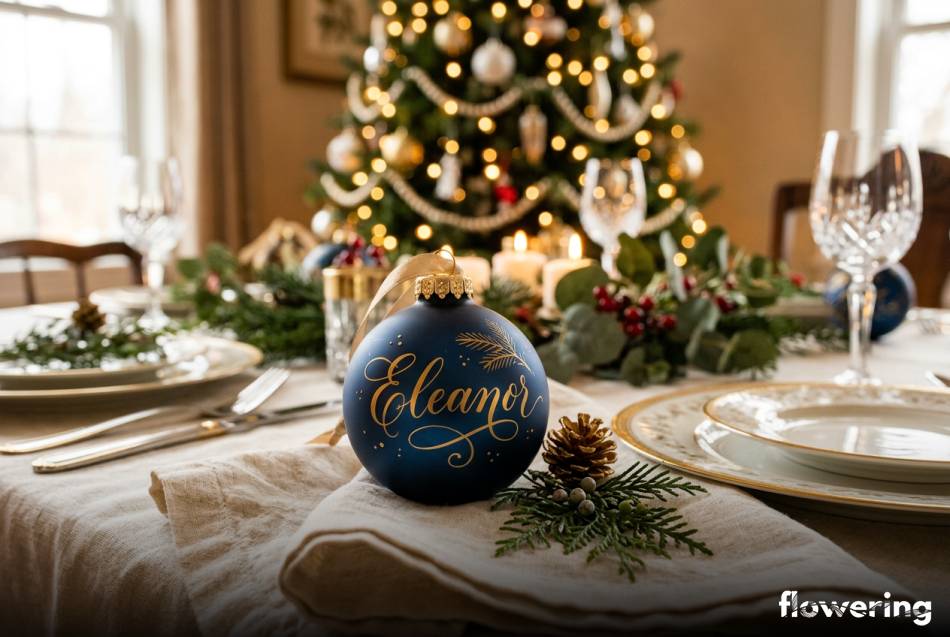 Szklana bombka z ręczną kaligrafią jako winietka na talerzu