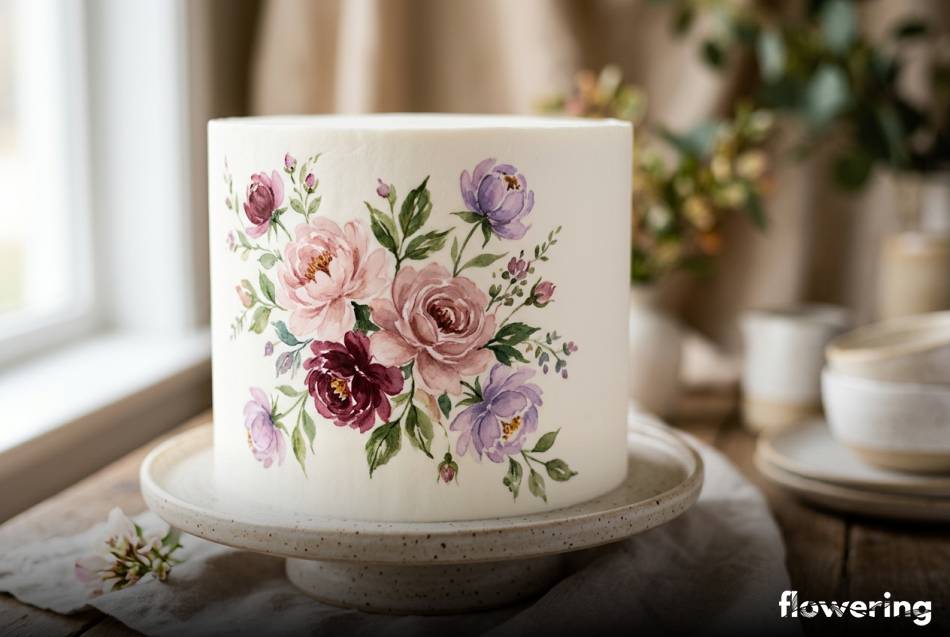 Ręcznie malowane kwiaty jadalnymi barwnikami na białym torcie