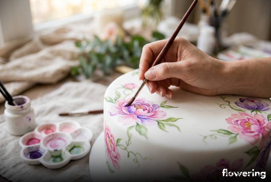 Ręcznie malowane akwarelowe kwiaty na białym torcie z masy cukrowej