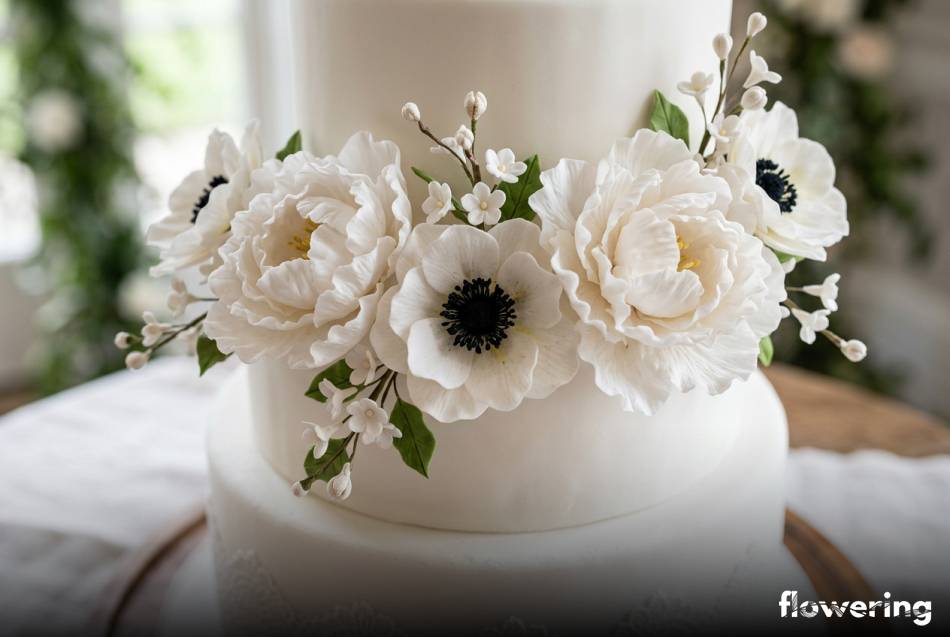 Ręcznie modelowane kwiaty z masy cukrowej na białym torcie