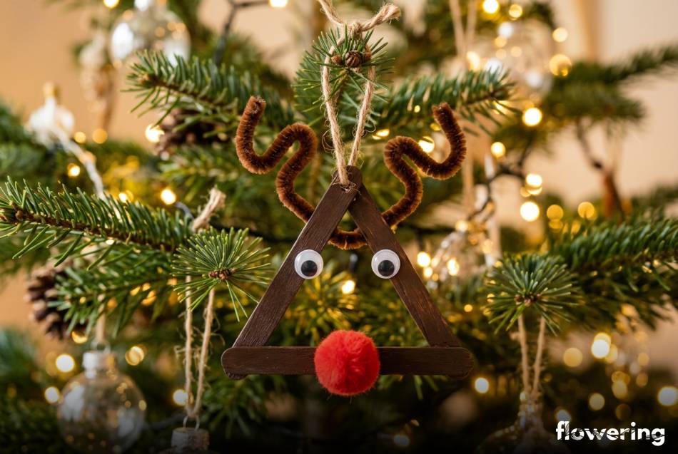 Renifer Rudolf z brązowych patyczków z czerwonym noskiem