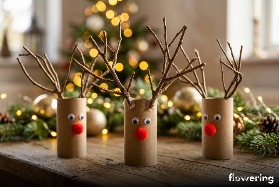 Renifery z rolek po papierze z porożem z gałązek