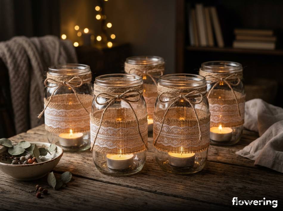 Romantyczne lampiony ze słoików z jutą i koronką