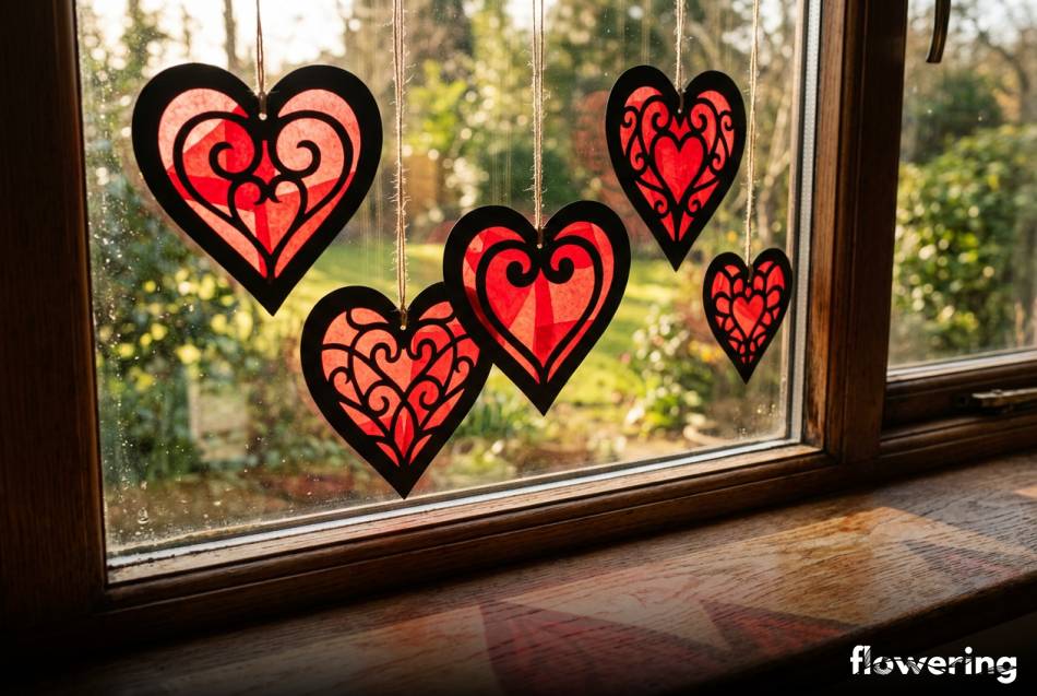 Romantyczne witraże serca z czerwonej bibuły i brystolu na oknie