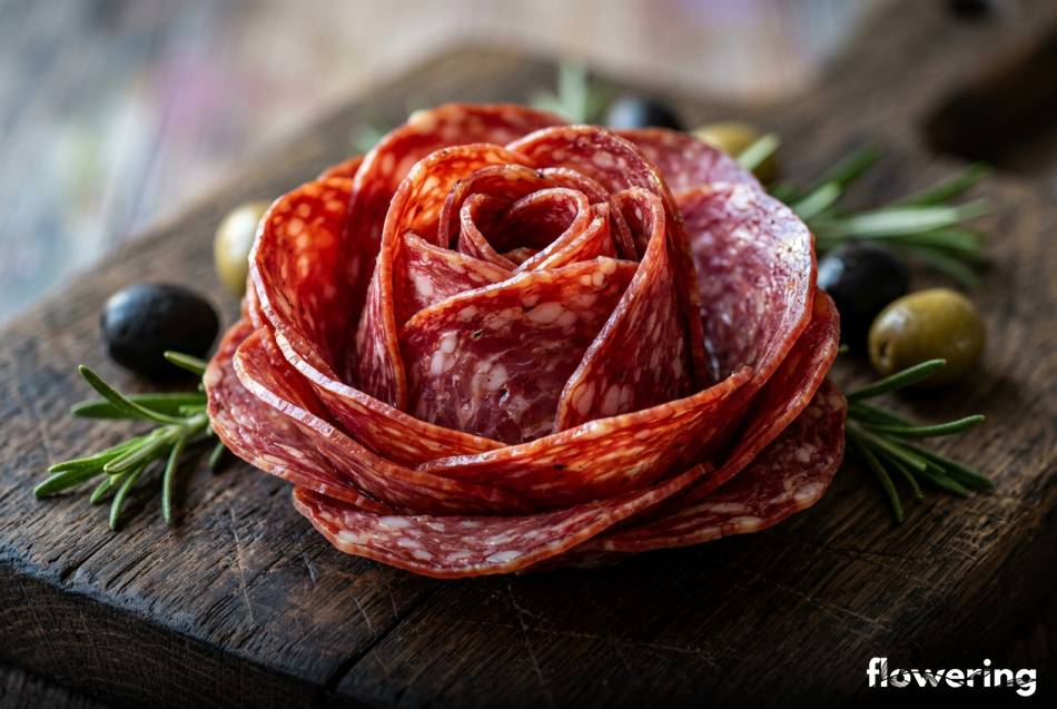 Ozdobna róża z salami i pepperoni na desce serów