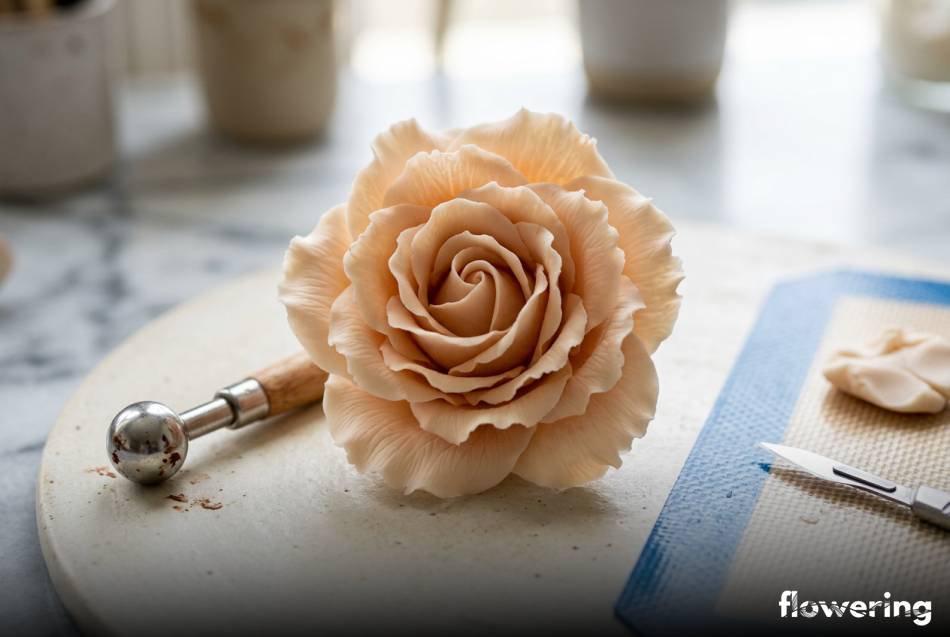 Realistyczna róża z czekolady plastycznej modelowana dłutkiem kulkowym