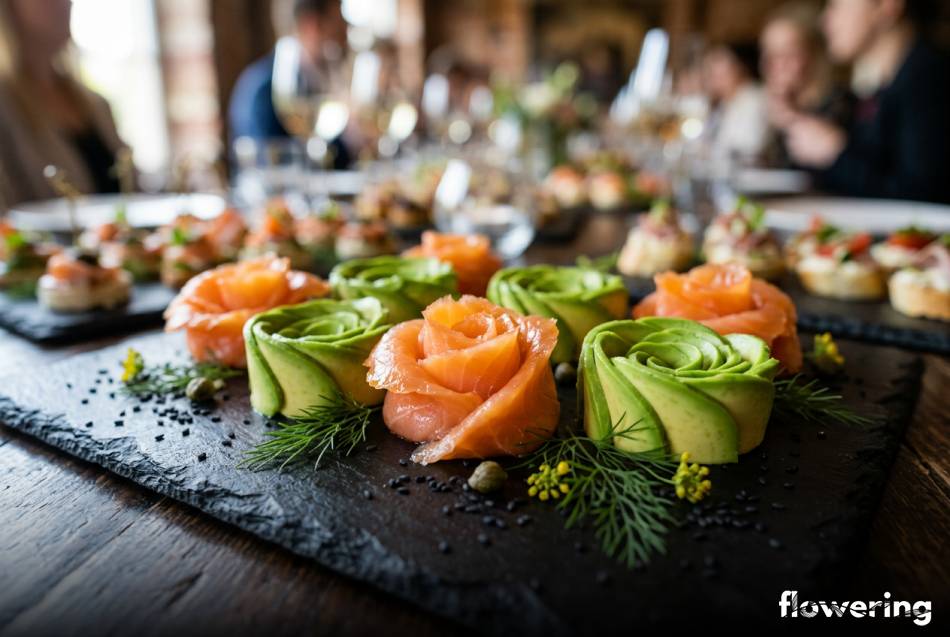 Róże z wędzonego łososia i awokado na czarnym półmisku