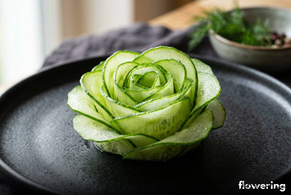 Elegancka dekoracyjna róża z cienkich plastrów ogórka na czarnym talerzu