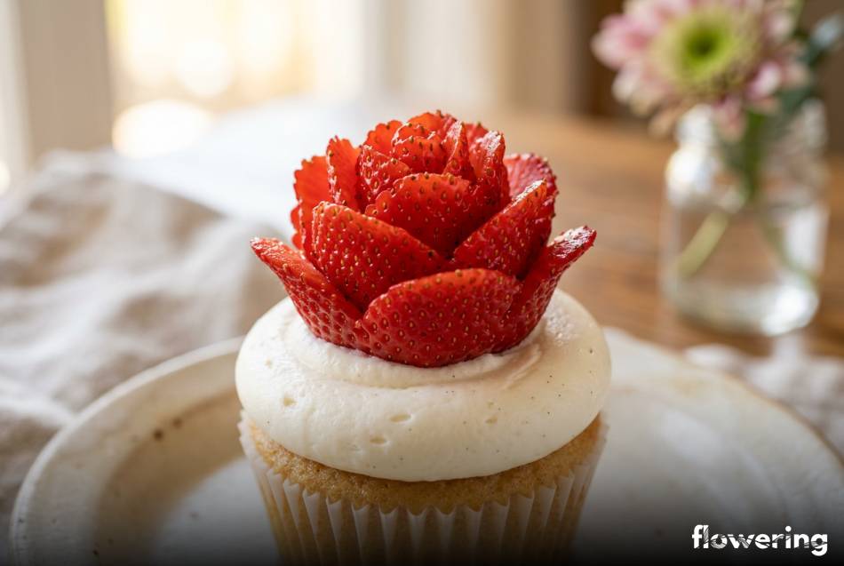 Czerwona róża wyrzeźbiona z truskawki na białym kremie babeczki