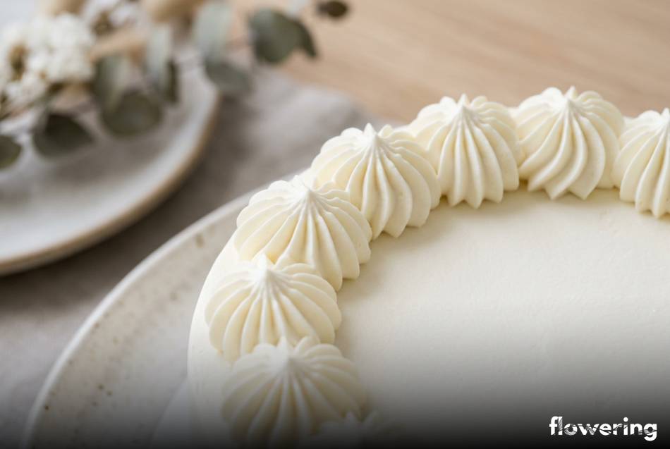 Minimalistyczne białe rozetki z kremu mascarpone na jasnym torcie