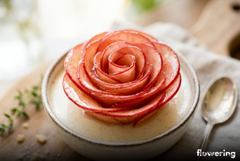 Elegancka rozeta z cienkich plasterków jabłka na owocowej tarcie