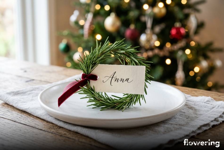 Rozmarynowy wianuszek z papierową winietką na wigilijnym talerzu