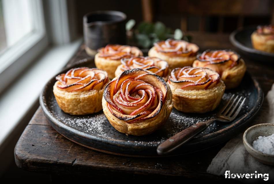 Pieczone różyczki z plasterków jabłek w cieście francuskim